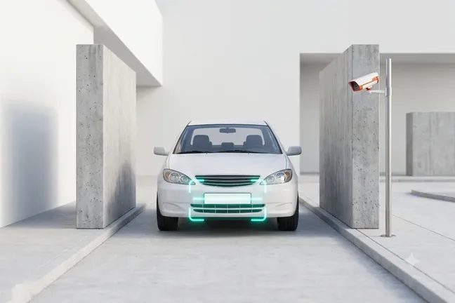 Number-plate recognition illustration, camera reading a car's blank plate at a gate between concrete pillars