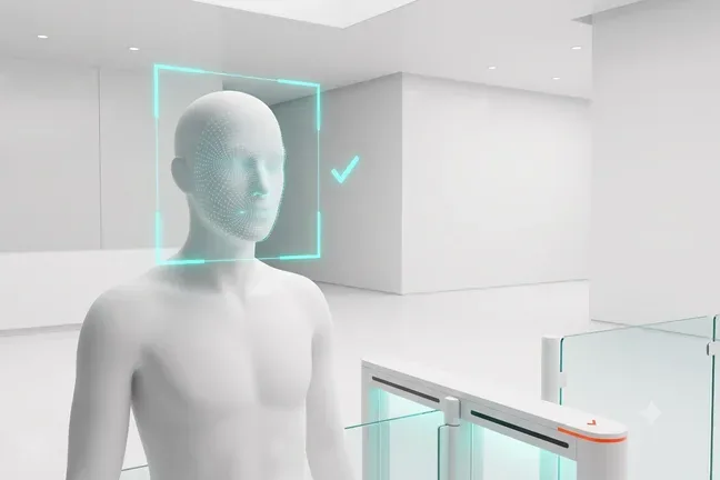 Face recognition illustration, access gate opening as a face pattern is verified