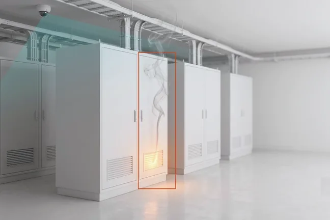 AI fire and smoke detection illustration, camera flags flames beside an electrical cabinet