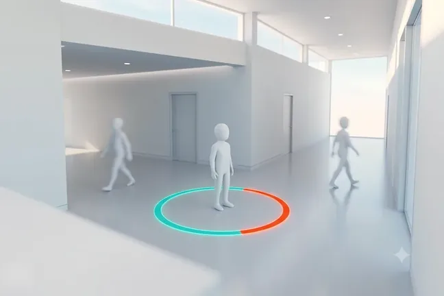 Loitering detection illustration, dwell-time ring around a person standing in a lobby