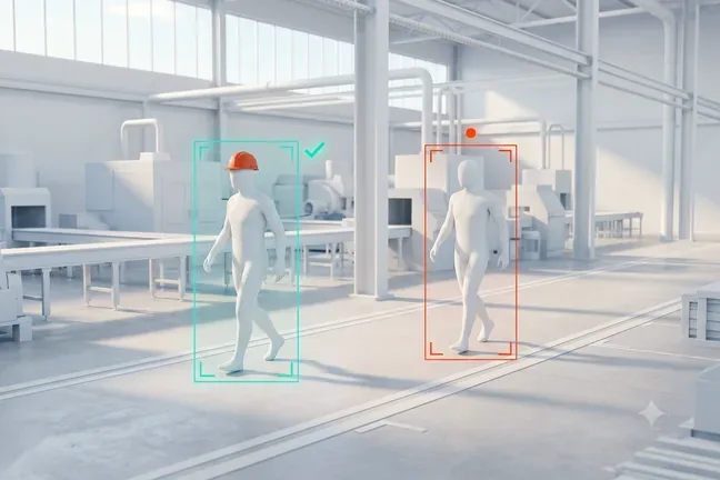 PPE detection illustration, worker with helmet and vest passes the check while one without gear is flagged