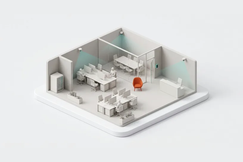Office security illustration, dome camera and door access control in a modern workspace