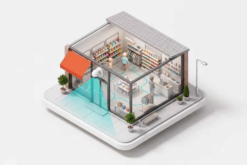 Retail footfall analytics illustration, camera tracing customer paths through a store