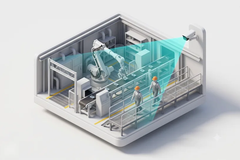 Factory monitoring illustration, camera watching a production line and workers in safety helmets