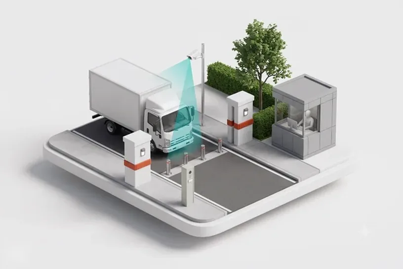 Factory gate illustration, ANPR camera checking a truck at a bollard-protected entrance