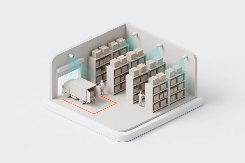 Warehouse surveillance illustration, cameras covering racking and the loading dock